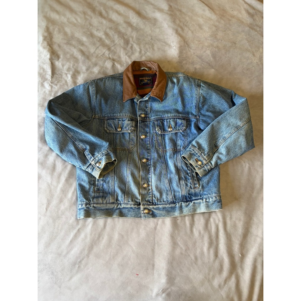 Vintage Woolrich Denim Trucker Jacket Leather Collar Fleece Lined Blue Mens XL - Picture 1 of 8